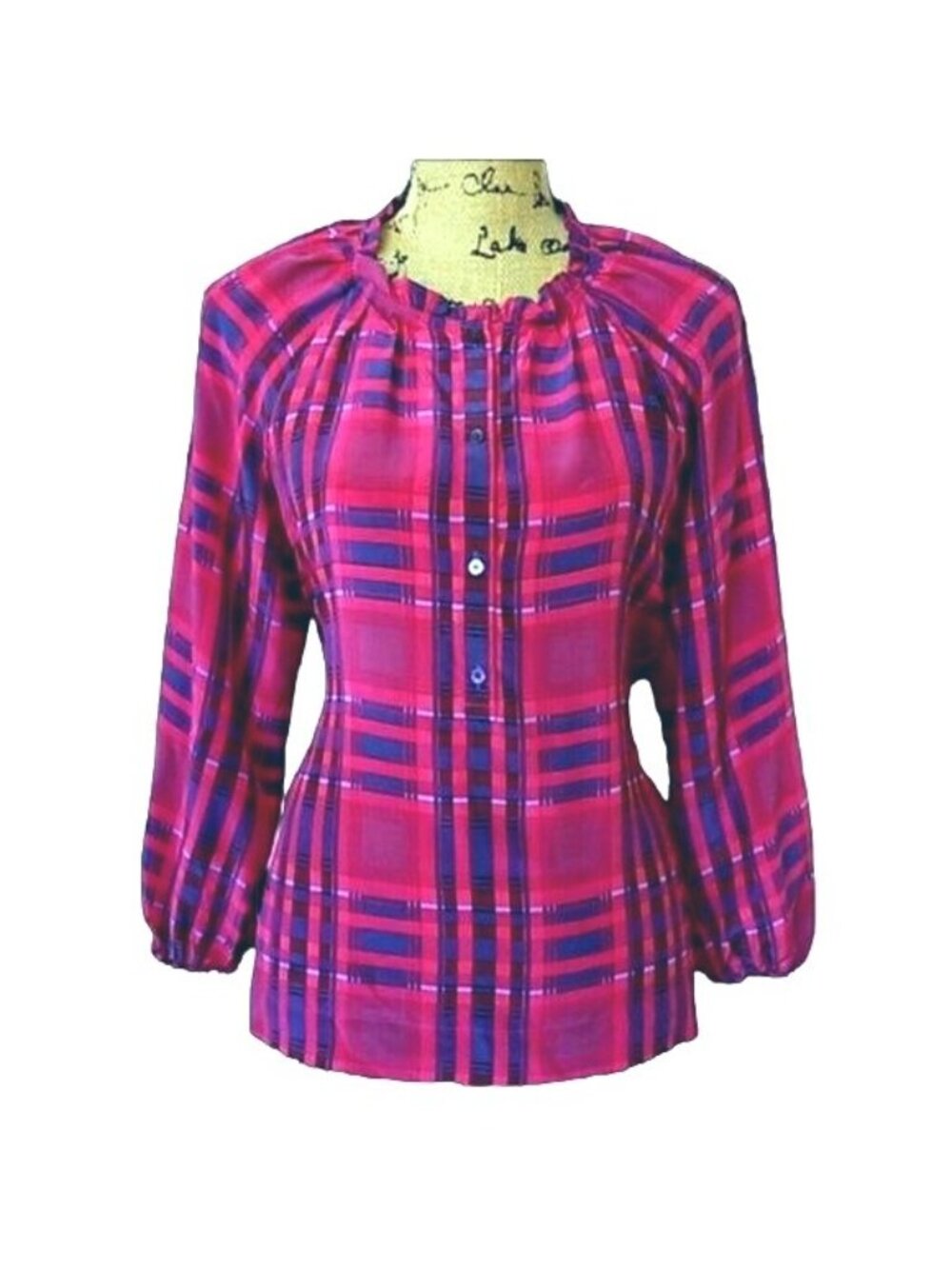 BCBG MaxAzria Bold Geometric Pink and Purple Faux Plaid Button-Up Tunic Silk S